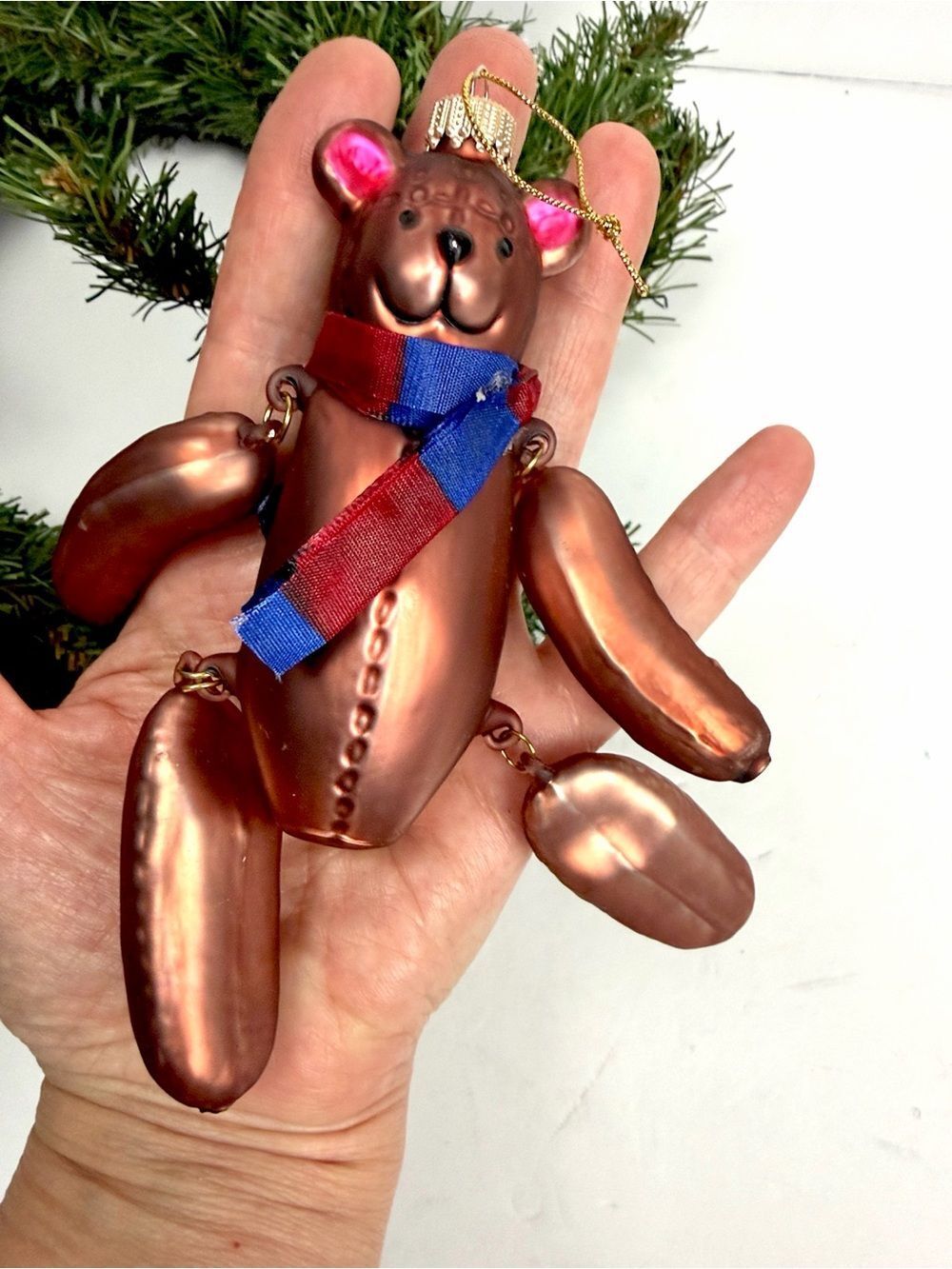 Jointed Teddy Bear Glass Christmas Ornament Copper Bronze Mercury Glass Style